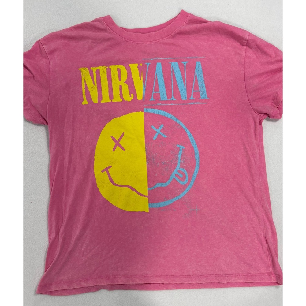Nirvana Live 93 Tour Graphic T-Shirt Pink Acid Wash Smiley Face Rock Tee Medium